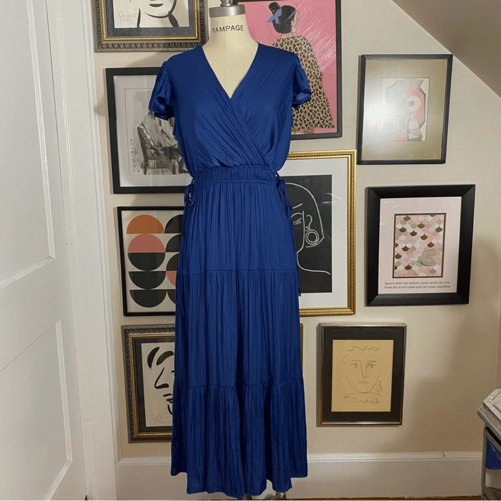 Joie Satin Blue Tiered Midi Cap Sleeve Dress
